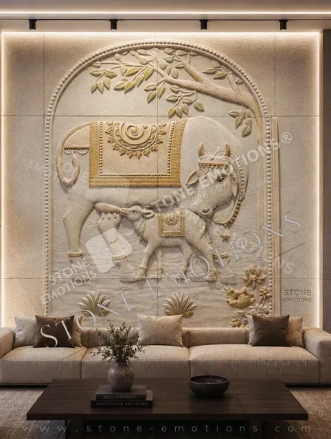 Backlit lotus motif feature wall in sandstone, evening lighting