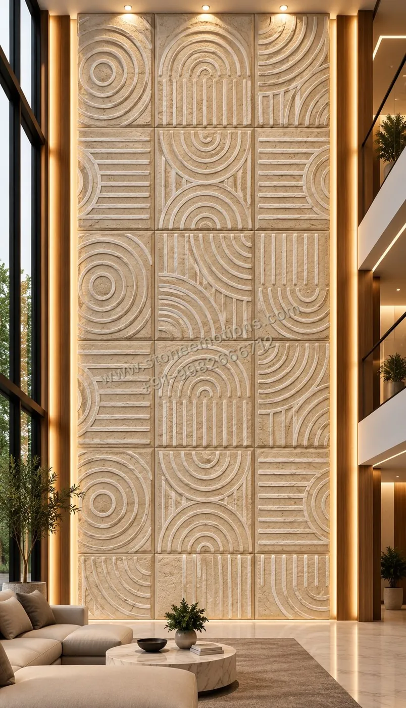 Double-height cream wall of square panels carved with concentric arches and circles