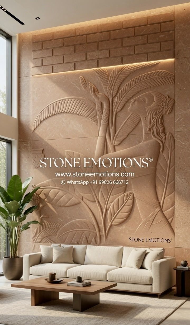 Warm beige natural stone living room wall with banana leaf relief below a brick-pattern stone band