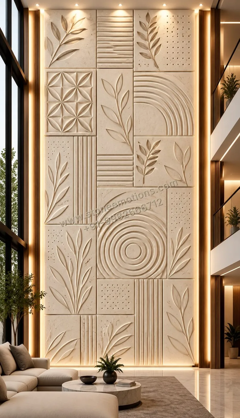 Double-height cream wall of panels with leaf sprigs, lattice squares and concentric rings