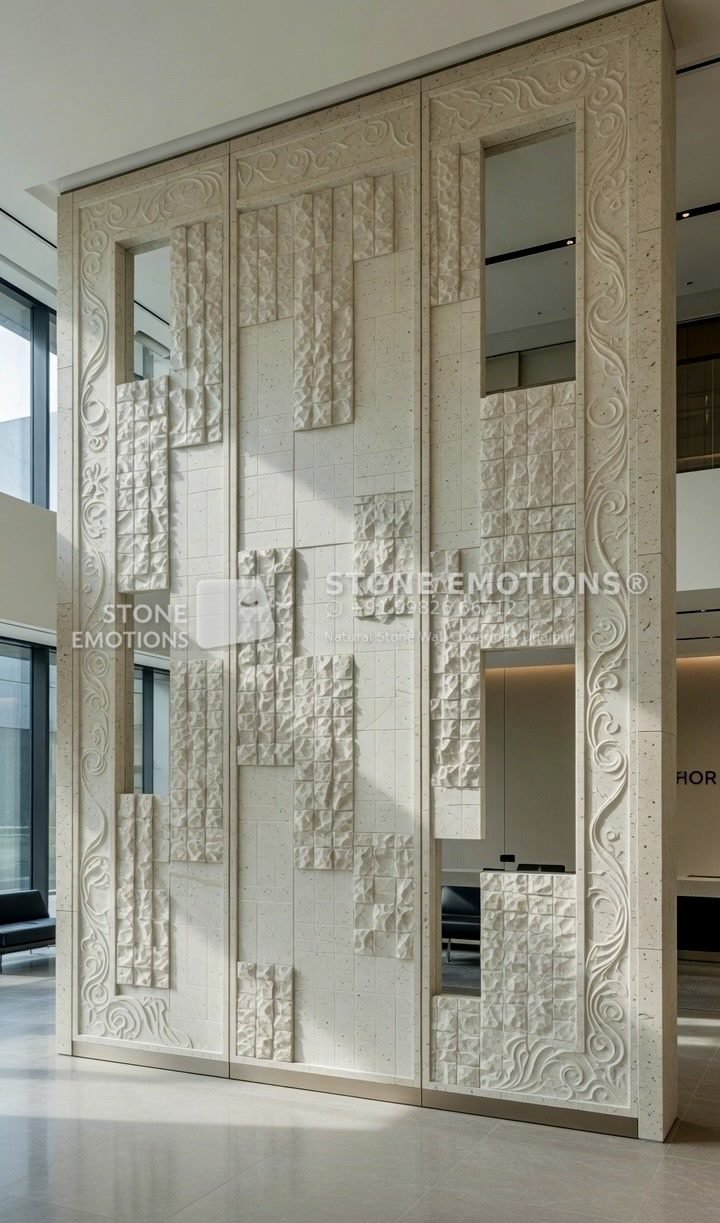 Tall natural stone partition screen of carved vertical panels with open slots between them