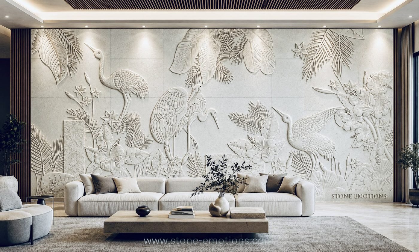 Living room natural stone mural wall with carved cranes among tropical leaves behind a sofa