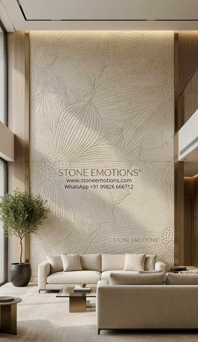 Double-height natural stone living room wall with fine-line leaf and petal low relief