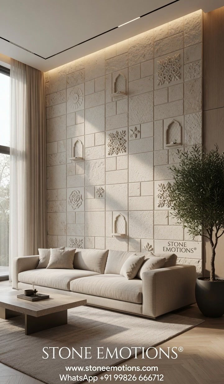 Natural stone living room wall in a block pattern with small arched niches and carved geometric tiles