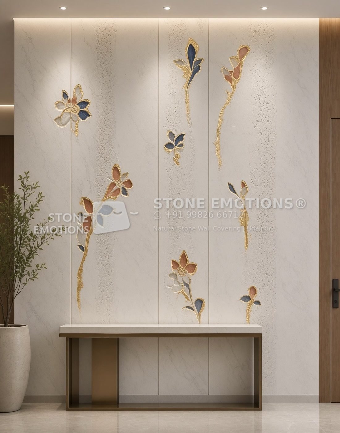 White natural stone wall with inlaid flowers on slender stems above a console table