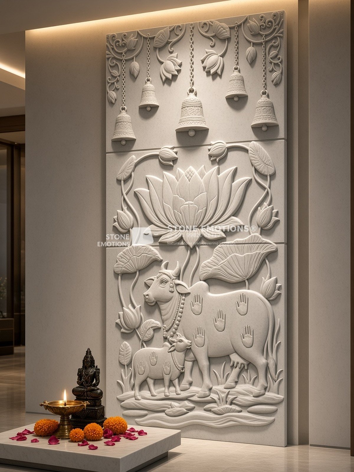 Natural stone CNC relief pooja wall panel with Kamdhenu cow and calf, lotus flowers and temple bells