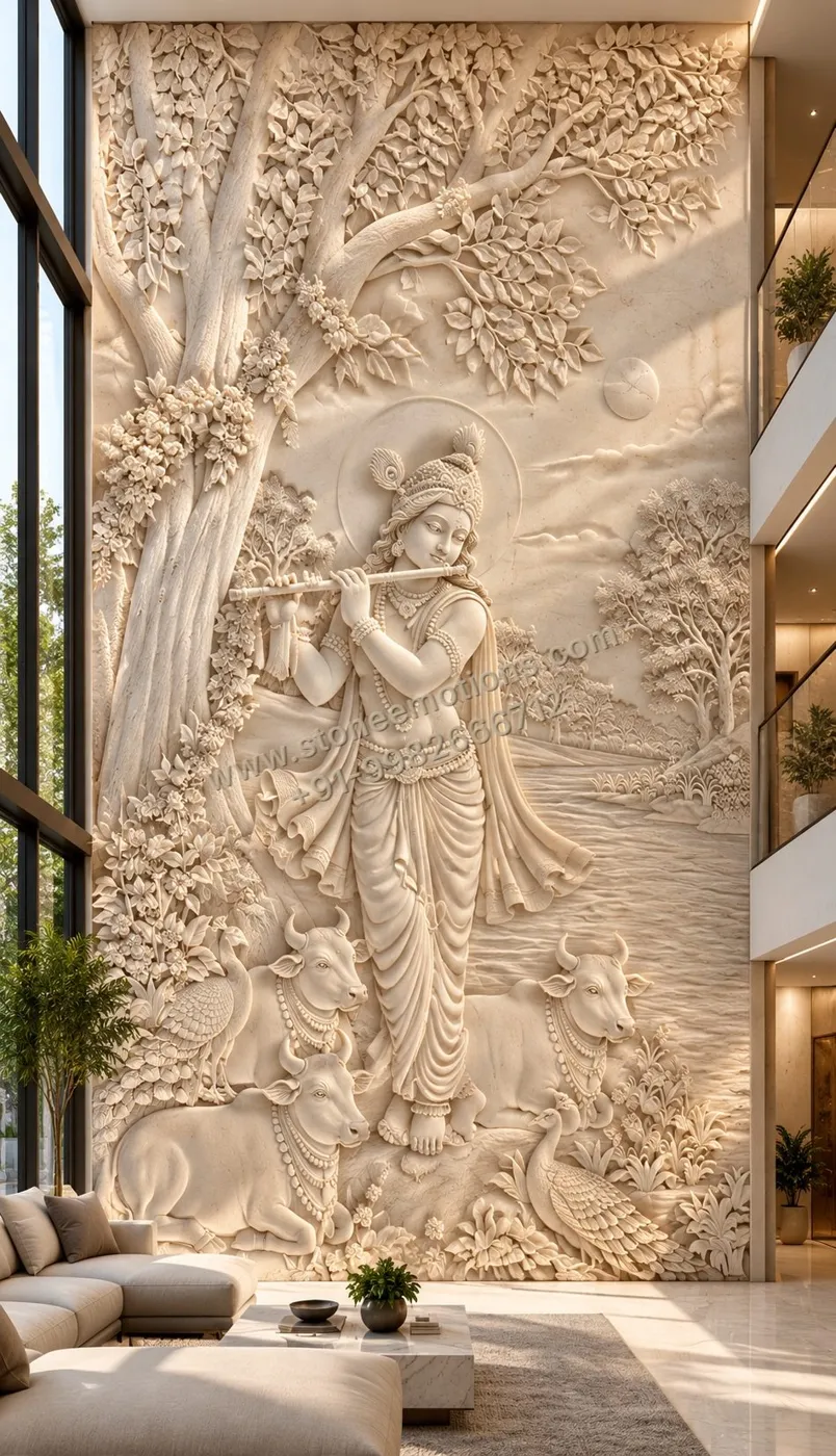Double-height cream wall with detailed Krishna playing flute beneath a spreading tree, figurative relief