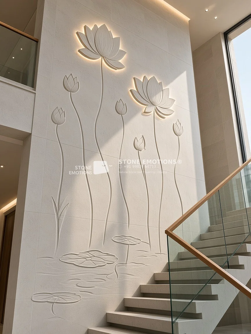 Lotus CNC engraved staircase stone wall in Gwalior White sandstone: double-height wall with engraved lotus stems rising along the stair, two backlit lotus flowers in low relief, lotus buds, lily pads and water ripples
