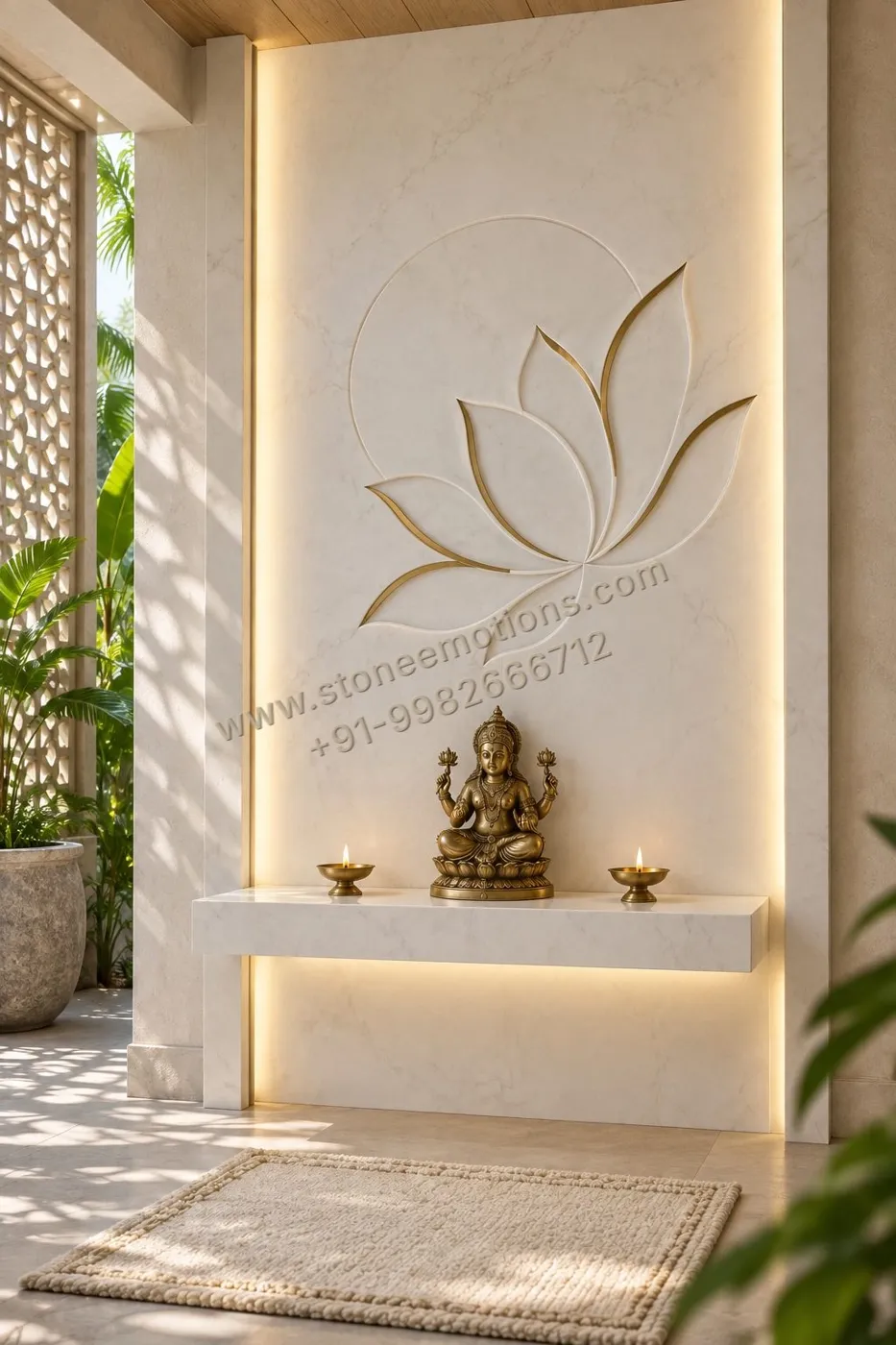 Mandir with lotus line engraving behind Ganesh