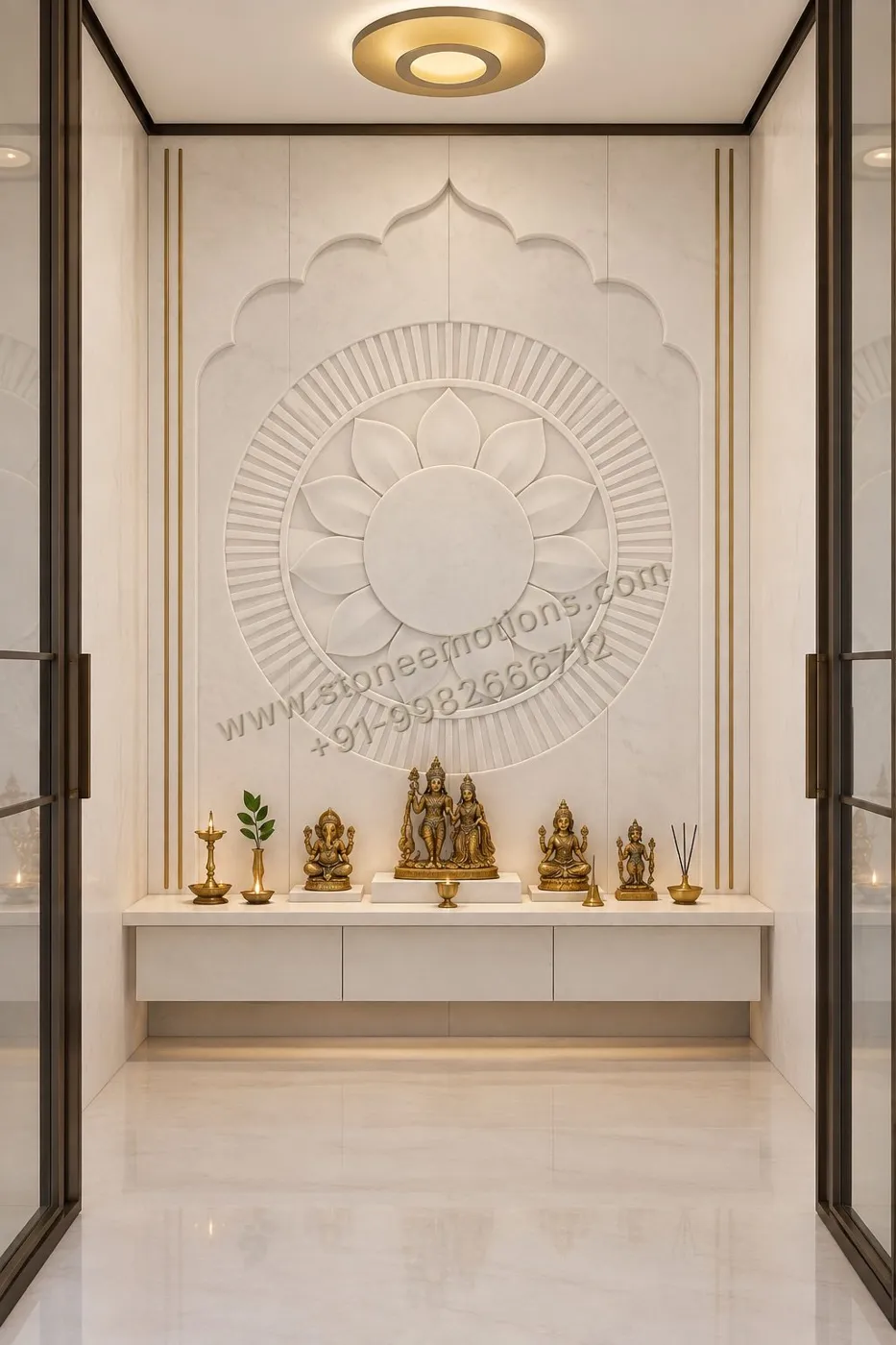 Mandir room with faint mandala arch carving above idol shelf
