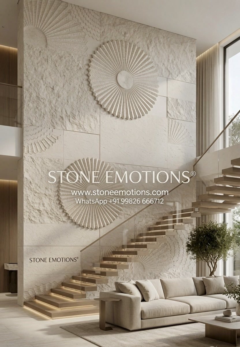 Double-height natural stone staircase wall with a large mandala sunburst and circular reliefs