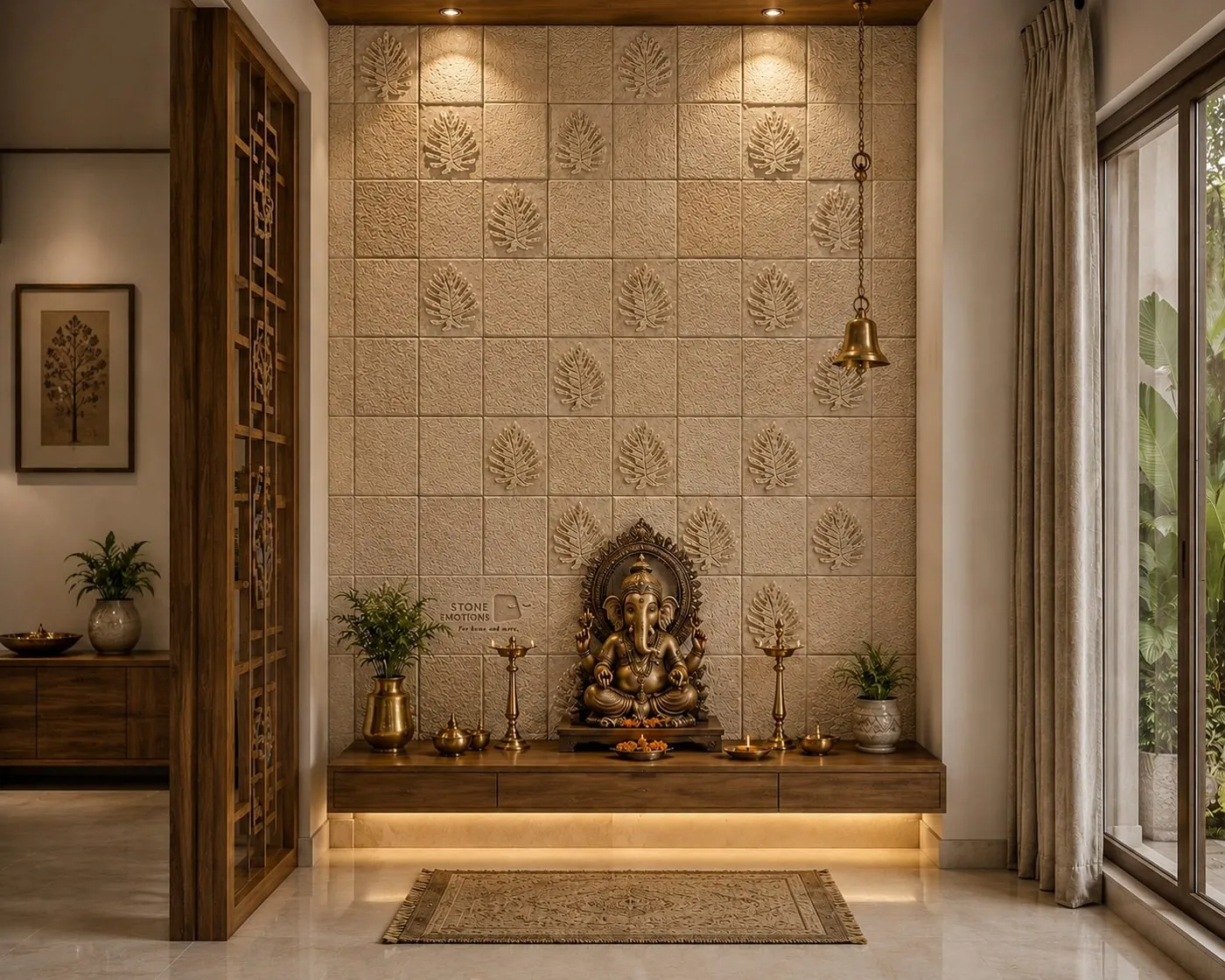 Mandir wall of square mandala tiles behind Ganesh