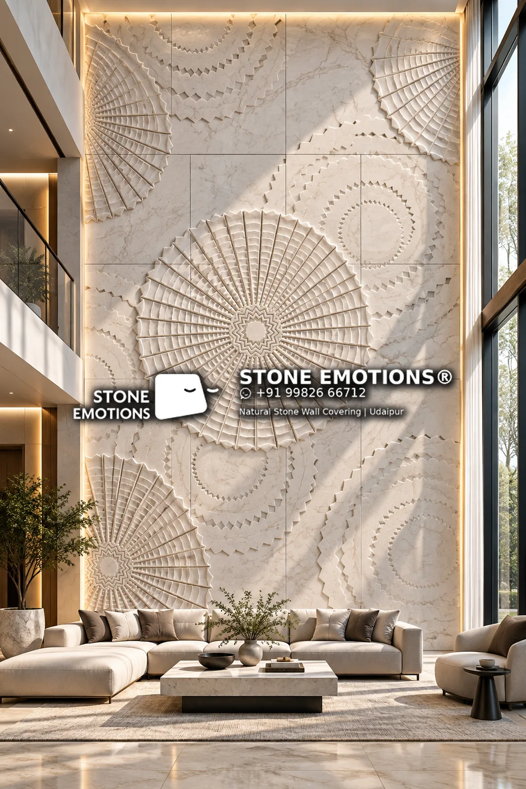 Natural stone abstract circular mandala sunburst relief feature wall with cove lighting in a double-height living room – full image
