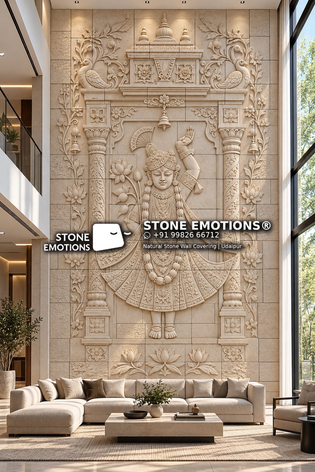 Shrinathji carved relief in natural stone on a double-height living room feature wall