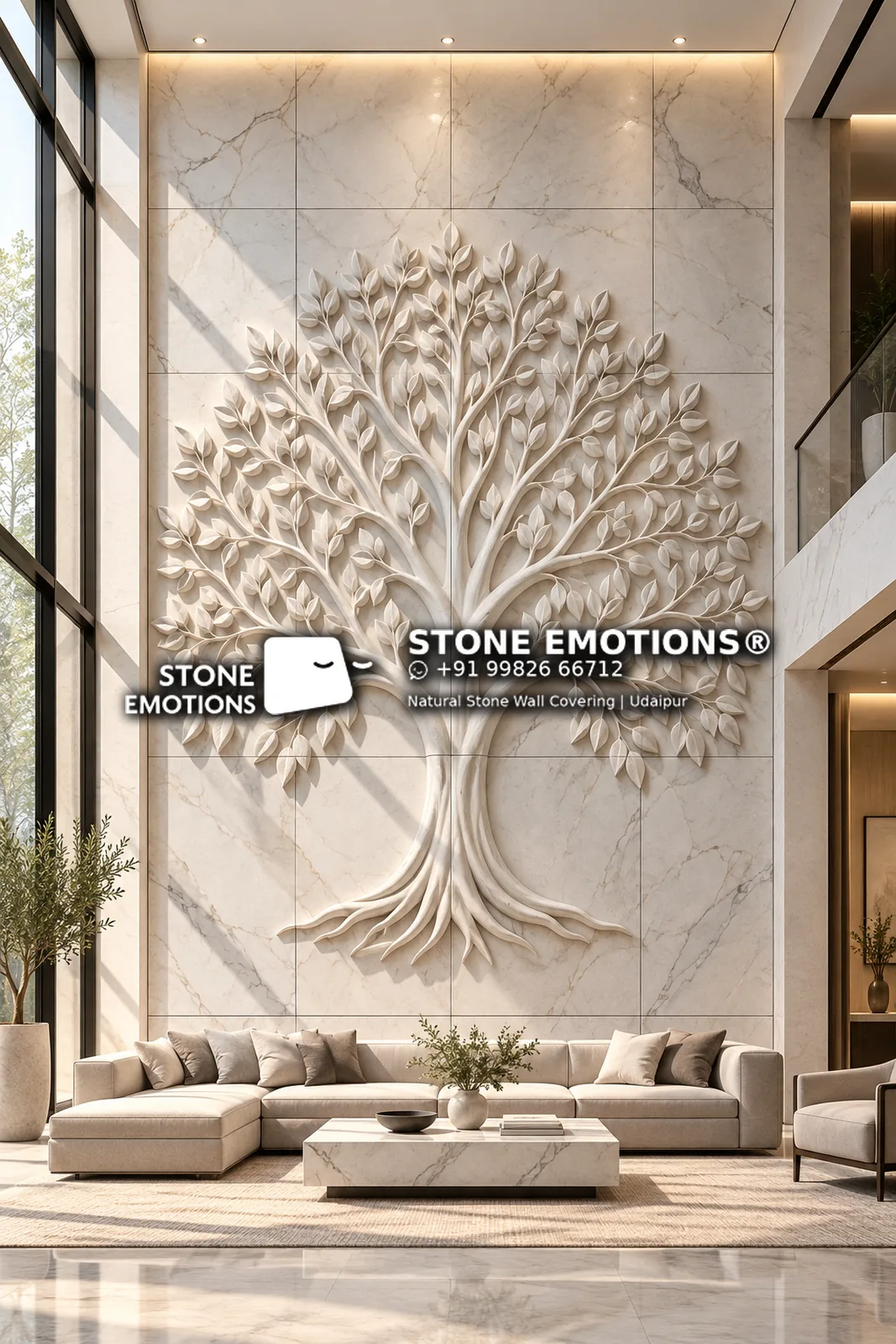 Natural stone white tree of life relief carved on a veined marble living room feature wall – full image
