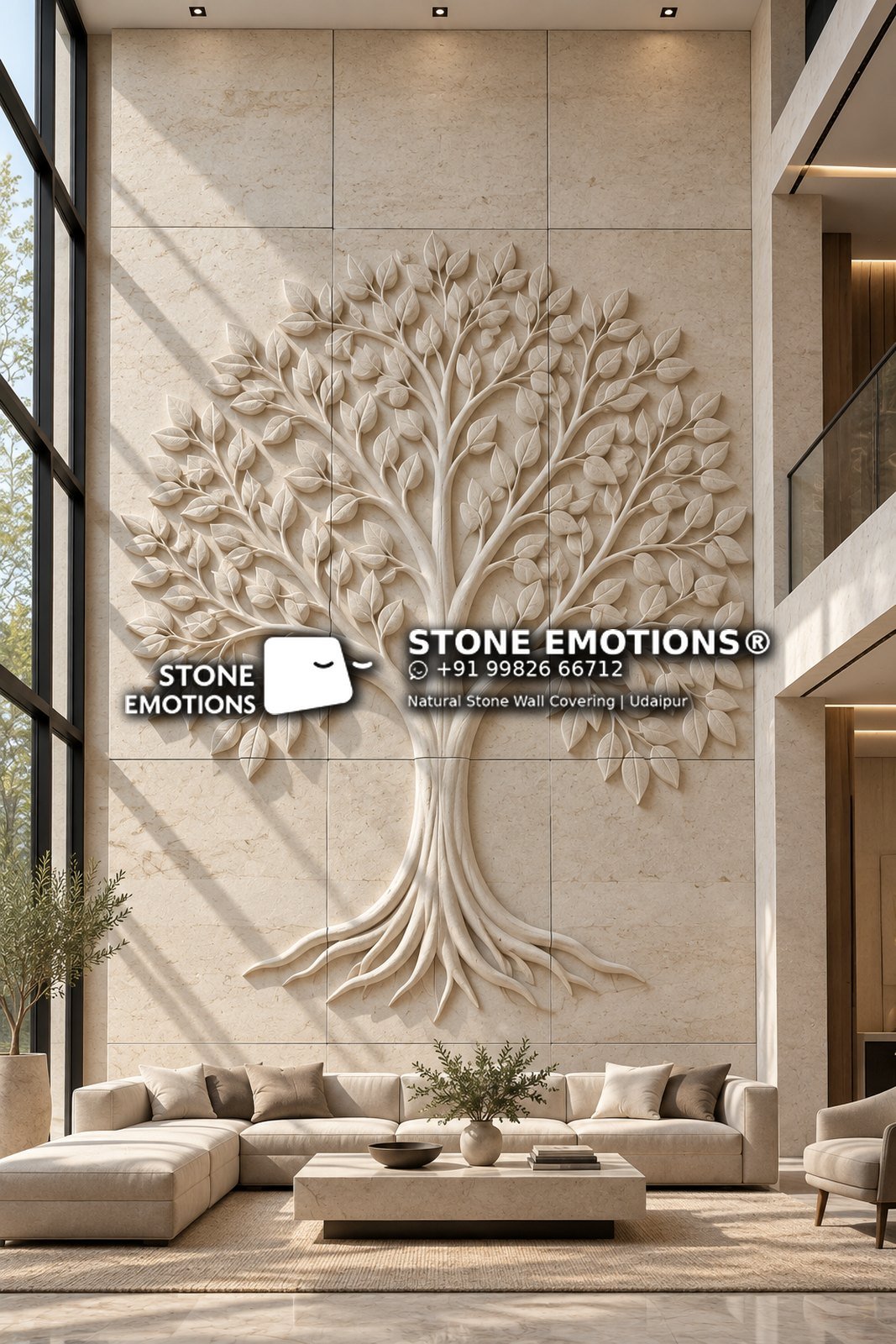 Natural stone tree of life relief on a warm sandstone and limestone block wall in a double-height living room