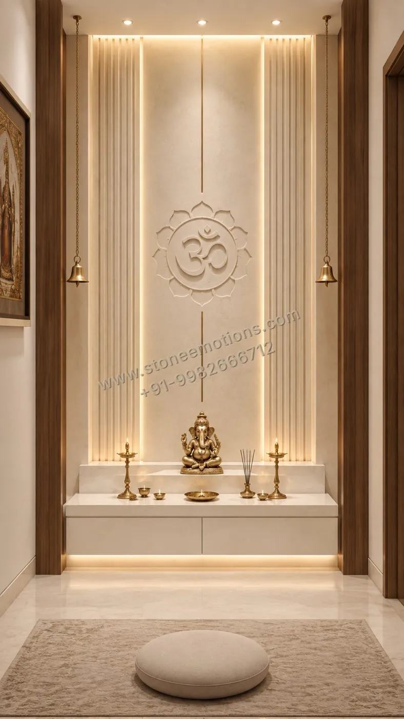 Narrow mandir alcove with Om mandala and vertical light strips