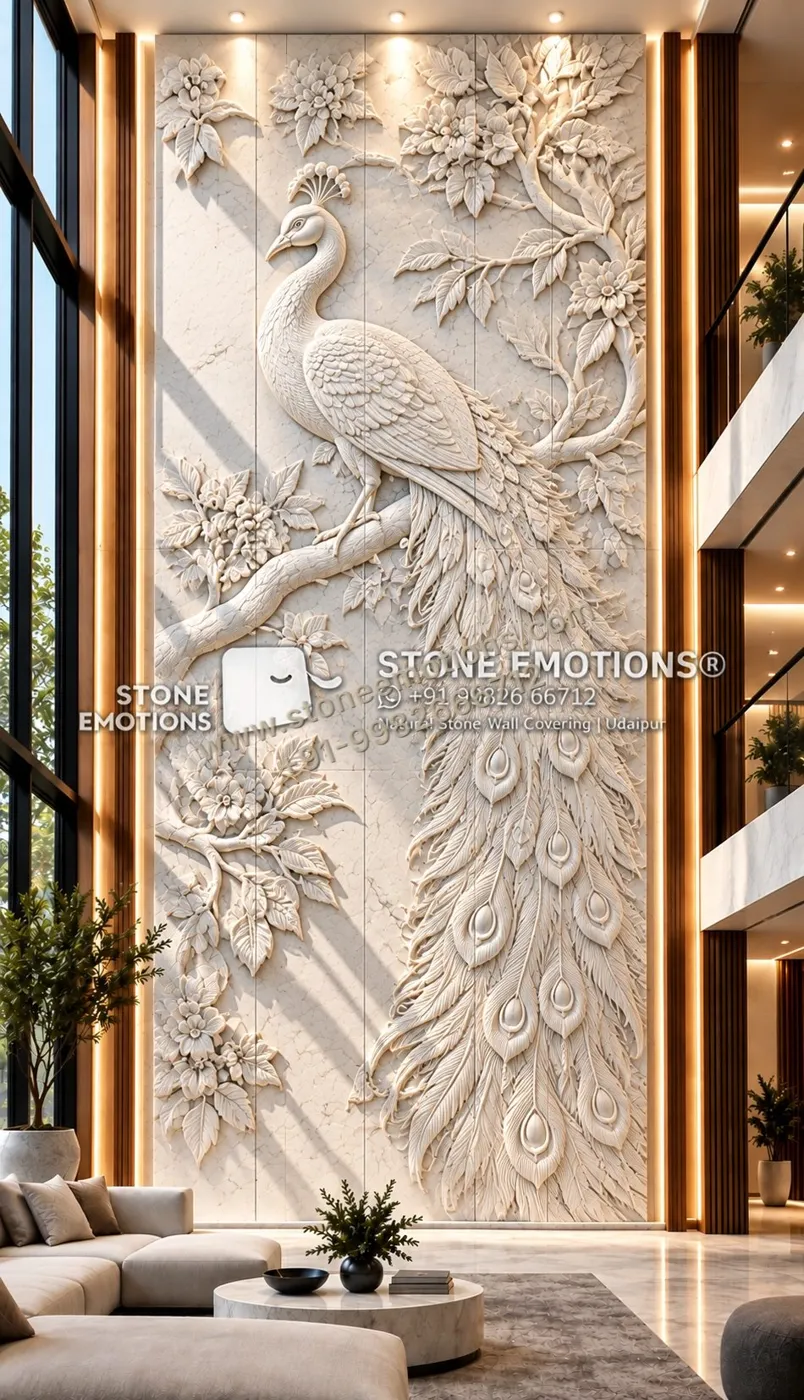 Double-height wall with peacock on branch relief