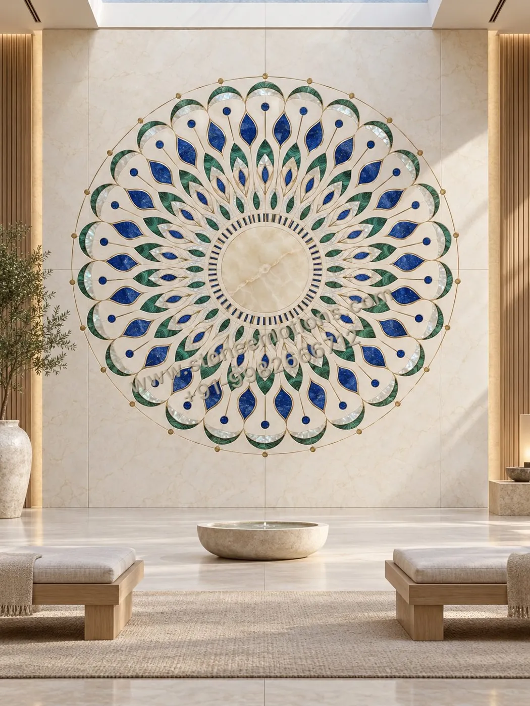 Large circular peacock-feather mandala in blue and green inlay on white wall