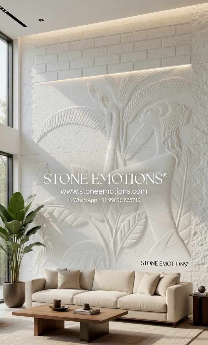 White natural stone living room wall with a stylised tree and leaf relief under a brick-pattern band