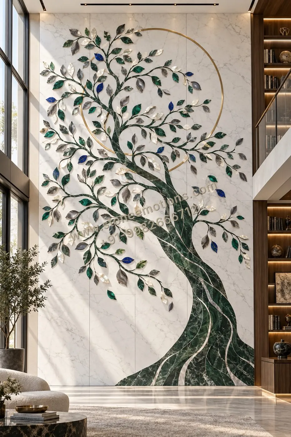 Tall white wall with tree-of-life motif, dark trunk and green leaf inlay