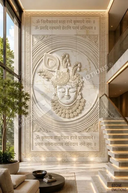 CNC-carved marble mural of Krishna with floral cherry blossom canopy and golden cow reliefs