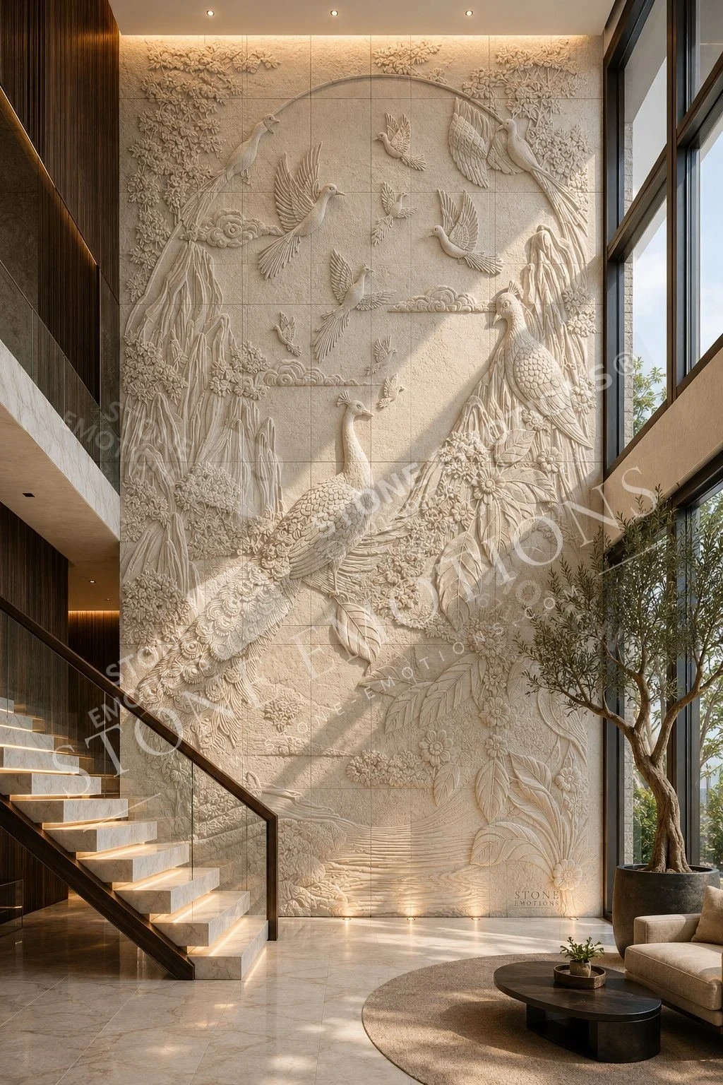 Leaf & Fluted Composition — Double-height & staircase natural stone design, SE-140