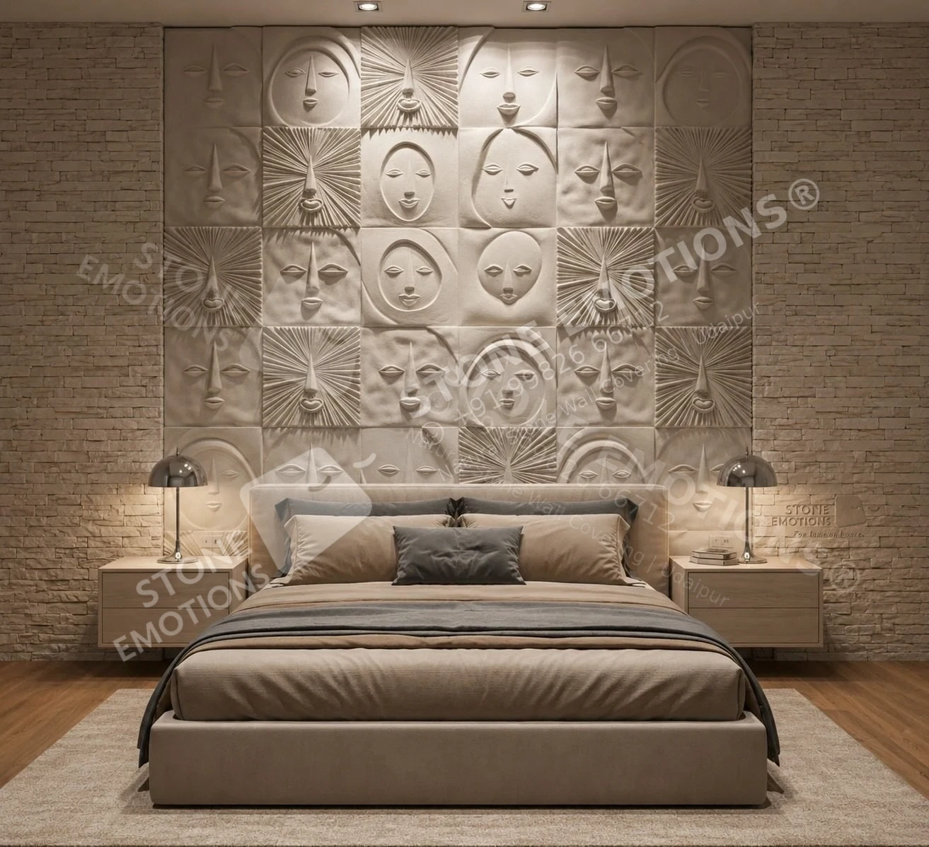 Portrait and Sunburst — Bedroom walls stone design, Stone Emotions SE-092