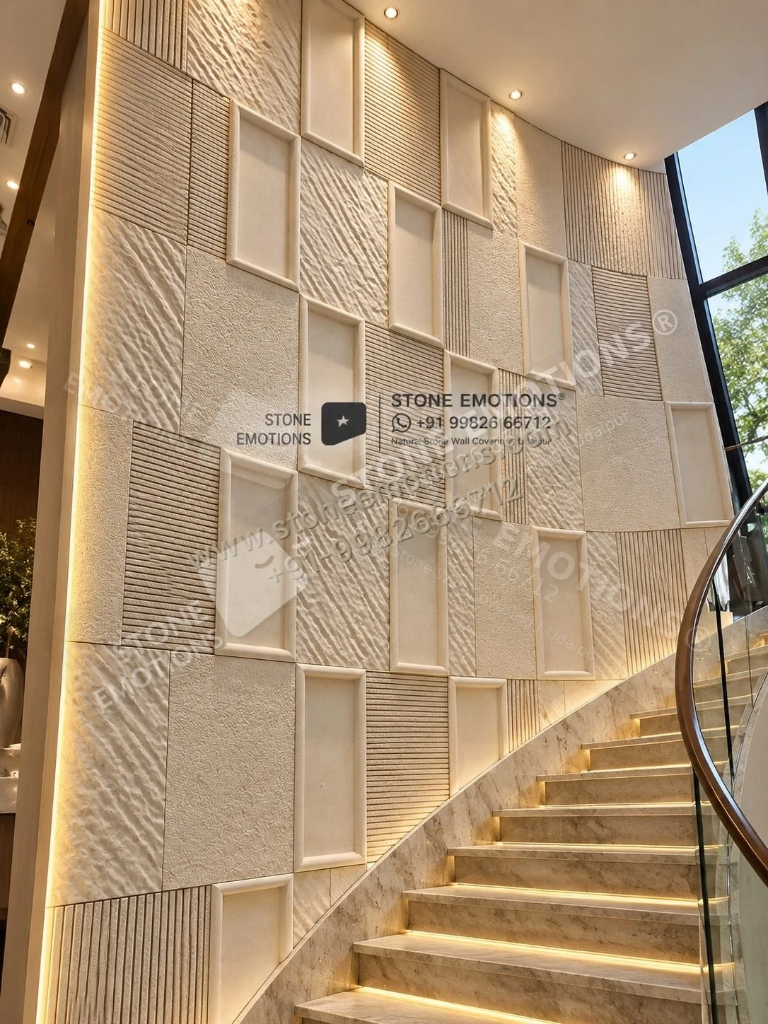 Botanical Staircase — Double-height & staircase stone design, Stone Emotions SE-045