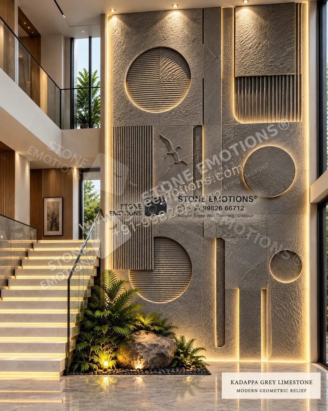 Circles at Height — Double-height & staircase stone design, Stone Emotions SE-042