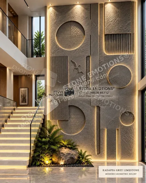 Circles at Height — Double-height & staircase stone design, Stone Emotions SE-042