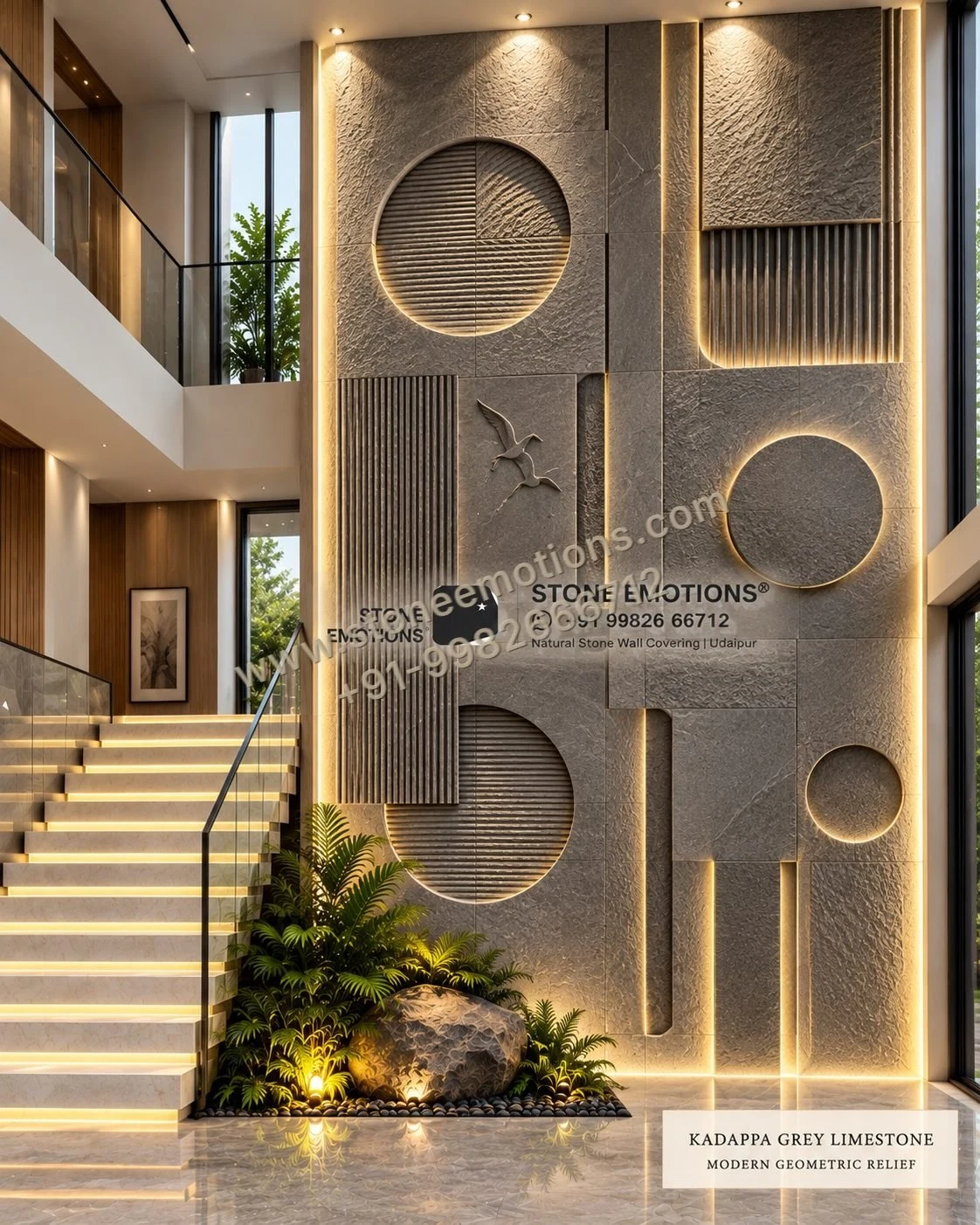Circles at Height — Double-height & staircase stone design, Stone Emotions SE-042