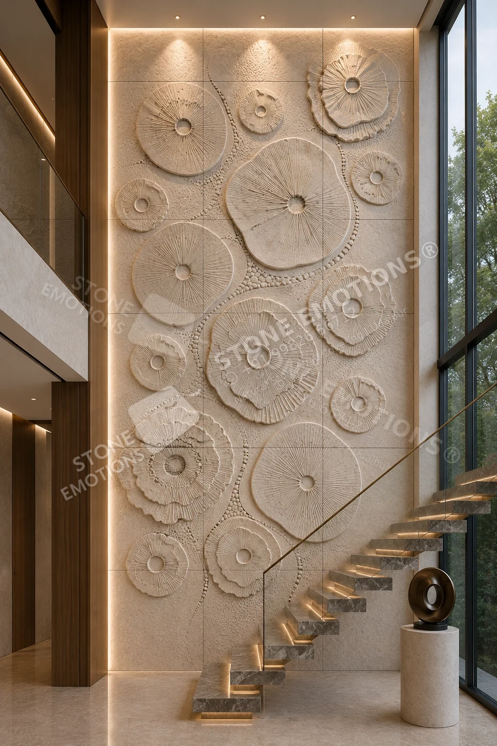 Circles in Relief — Double-height & staircase stone design, Stone Emotions SE-078