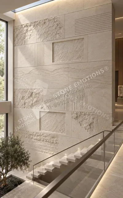 Quiet Relief — Double-height & staircase natural stone design, SE-014