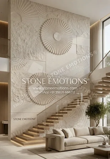 Radial Stair Wall — Double-height & staircase stone design, Stone Emotions SE-129