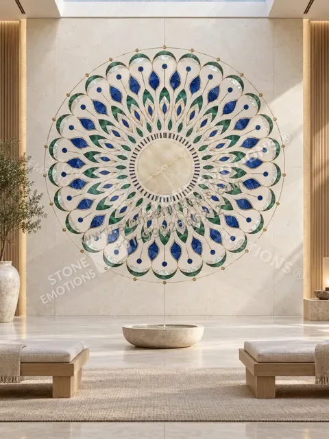 Peacock Mandala — Mandir & sacred walls natural stone design, SE-015