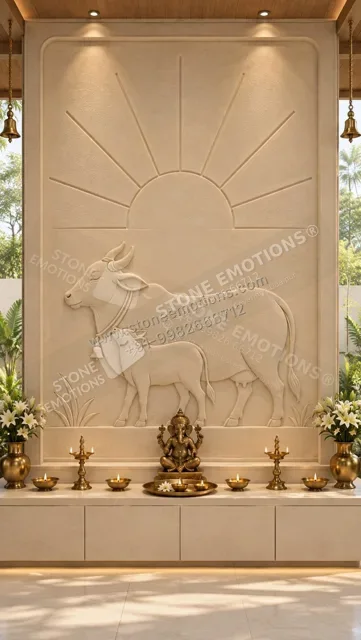 Sacred Cow Relief — Mandir & sacred walls natural stone design, SE-007