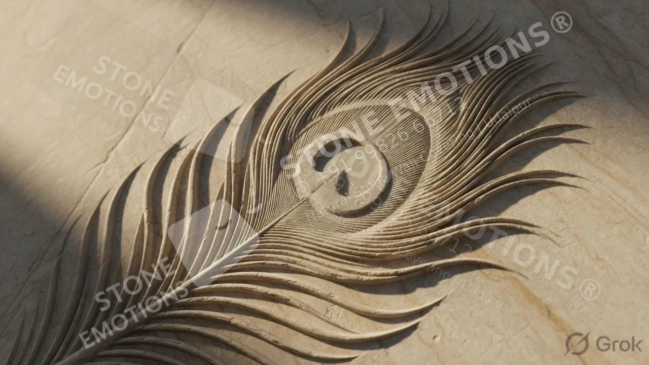 Peacock Feather Detail — Carved & textured panels natural stone design, SE-143