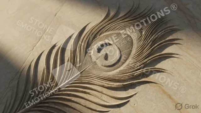 Close-up CNC-carved peacock feather relief in natural sandstone