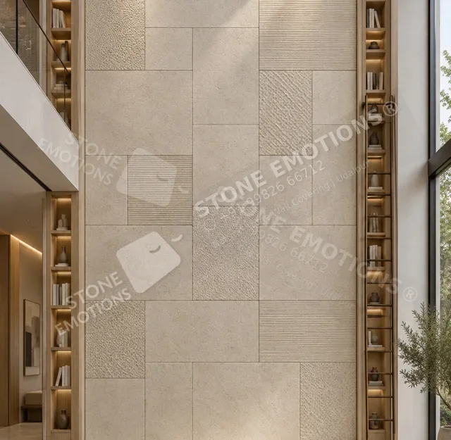 Quiet Matrix — Gwalior White Sandstone, Double-height and staircase walls, AXM-01