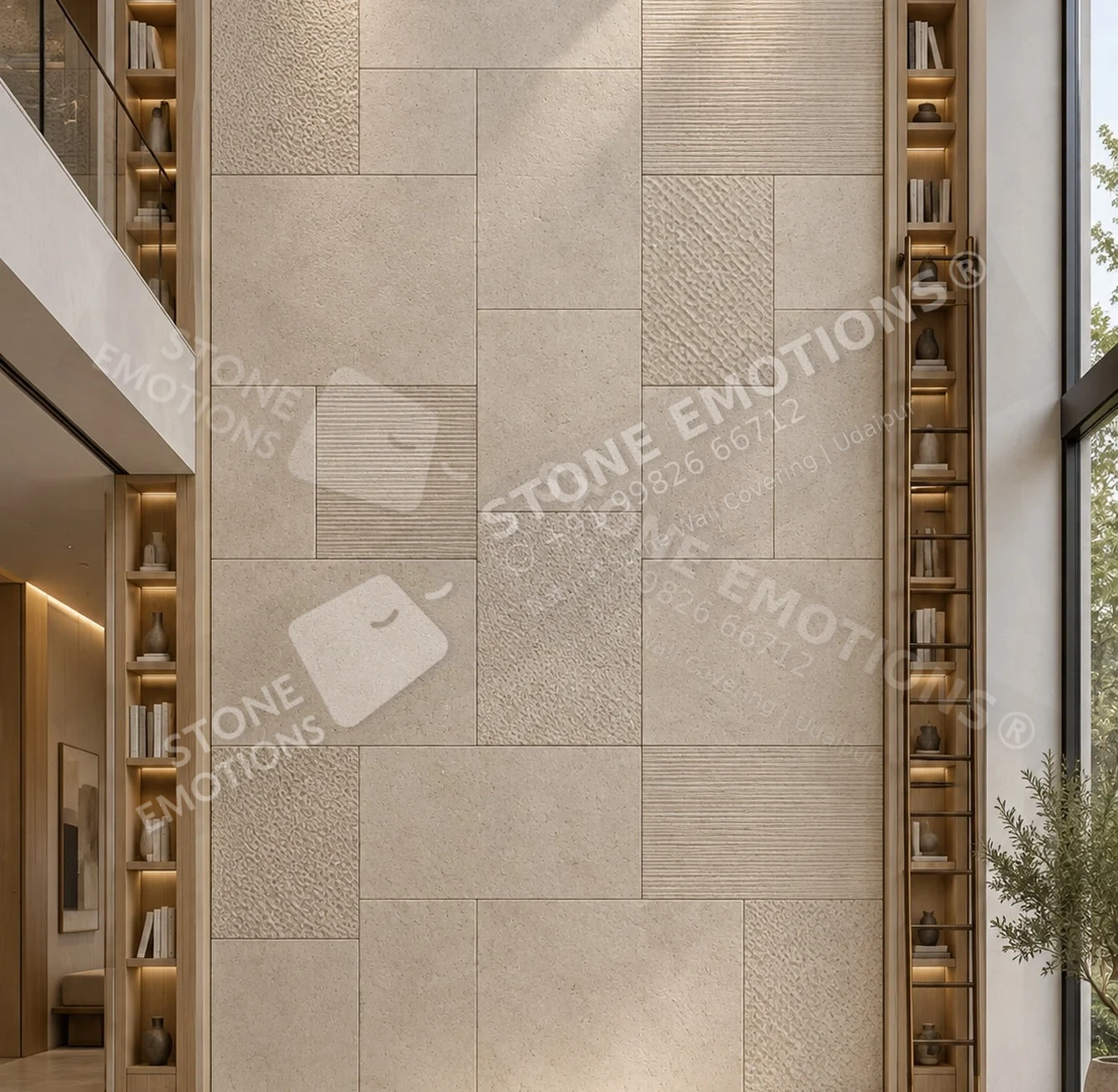 Quiet Matrix — Gwalior White Sandstone, Double-height and staircase walls, AXM-01