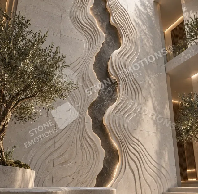 Rift Aperture — Pale Grey Limestone, Carved stone wall panels, AXM-02