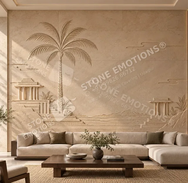 Memory Court — Dholpur Beige Sandstone, Living room stone walls, CHR-04