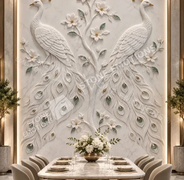 Plume Garden — Vietnam White Marble + selected inlay, Dining room stone walls, SYN-06