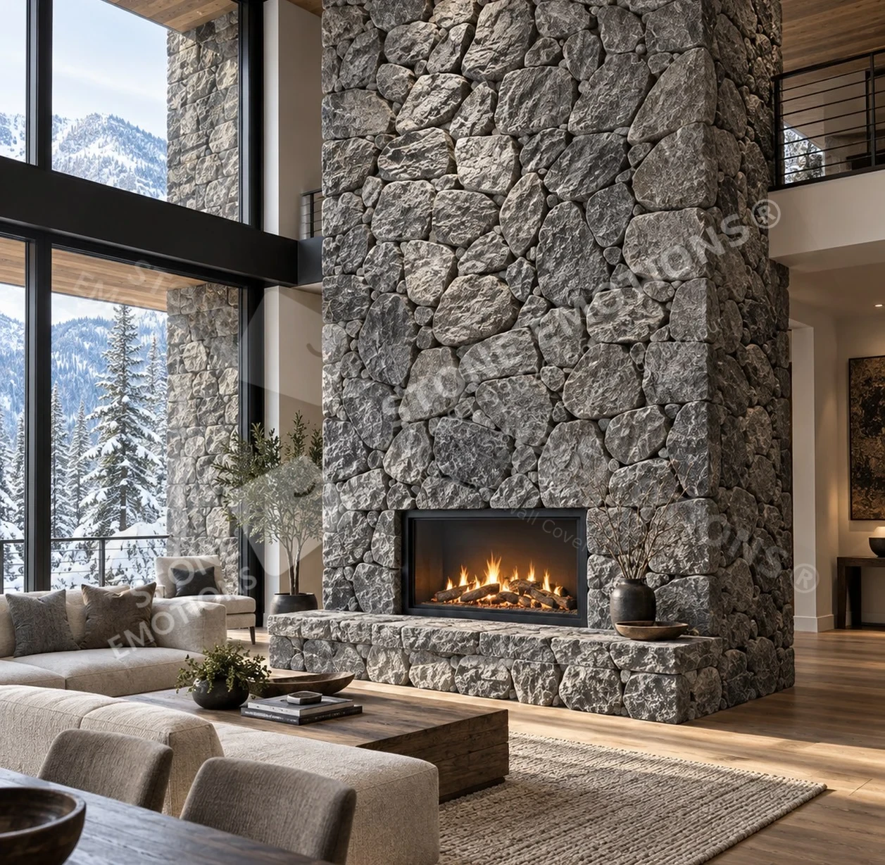 TERRAIN TRN-01 GRAPHITE FIELDSTONE — Double-height mountain villa fireplace