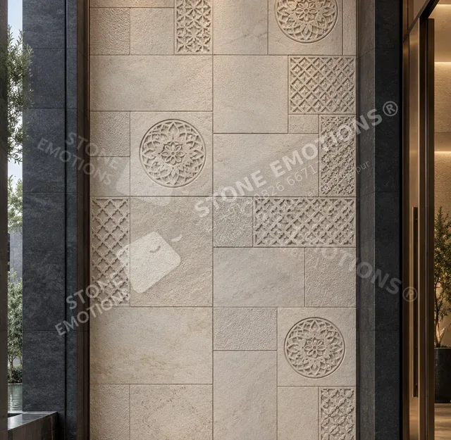Medallion Grid — Gwalior White Sandstone, Foyer stone walls, TES-01