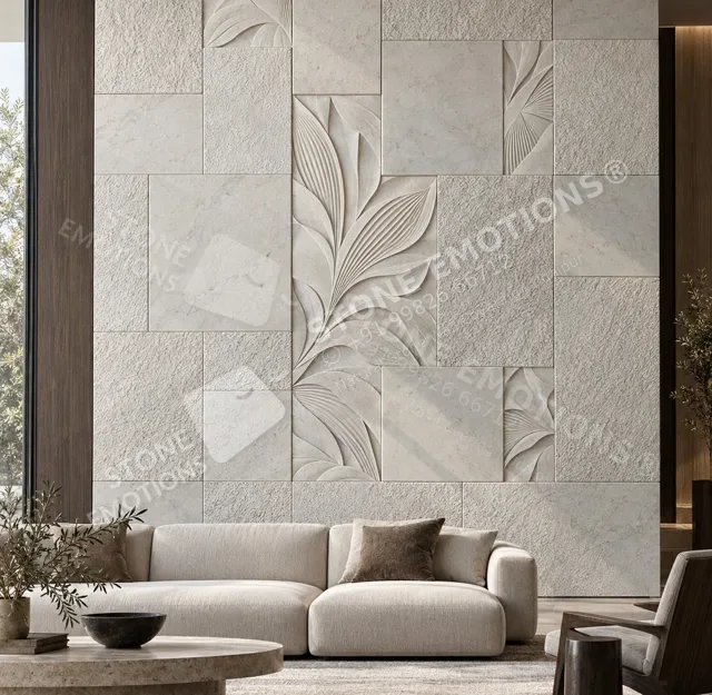 Botanical Passage — Banswara White Marble, Living room stone walls, TES-02