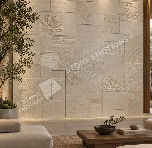 Lotus Terrain — Ivory Sandstone, Carved stone wall panels, TES-03