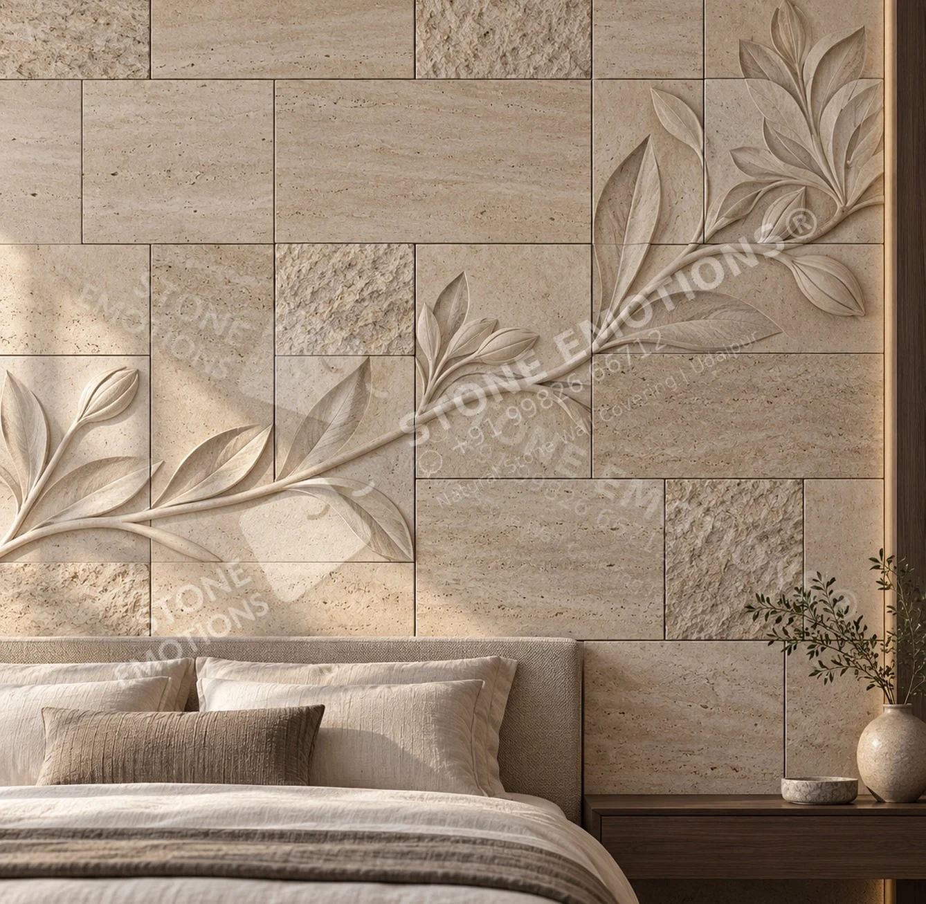 TESSERA TES-04 TRAVERTINE BRANCH — Luxury resort bedroom headboard