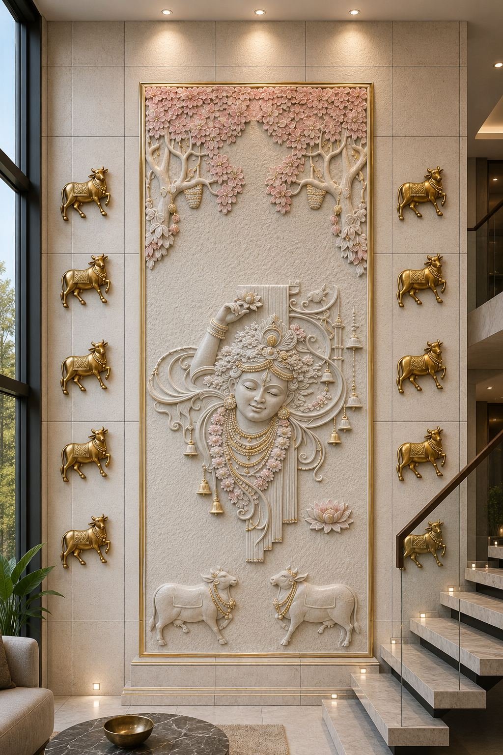 Sandstone sofa wall panel relief mural of a cow and calf with gold detailing under a flowering tree by Stone Emotions